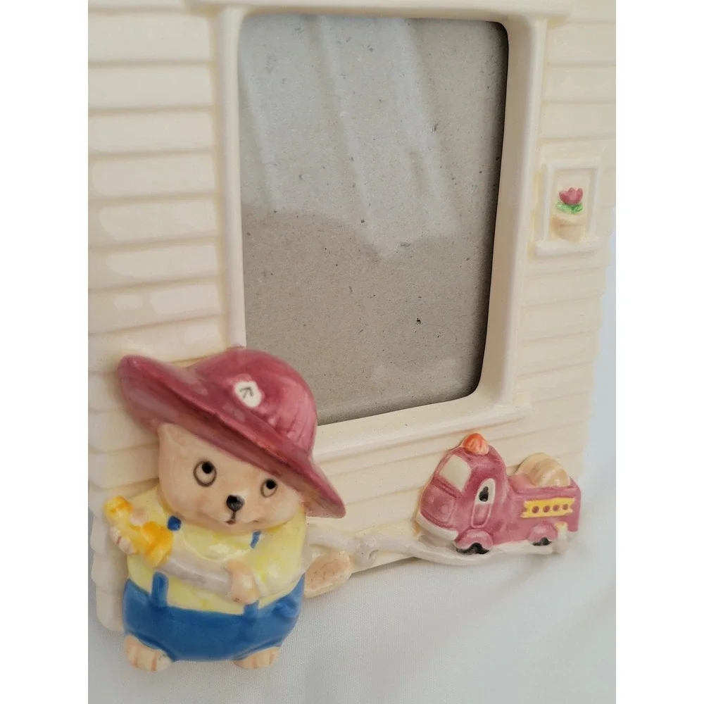 Vintage 1987 Terragrafics Cara Marks Fireman Bear Ceramic 3D Picture Frame 1980s